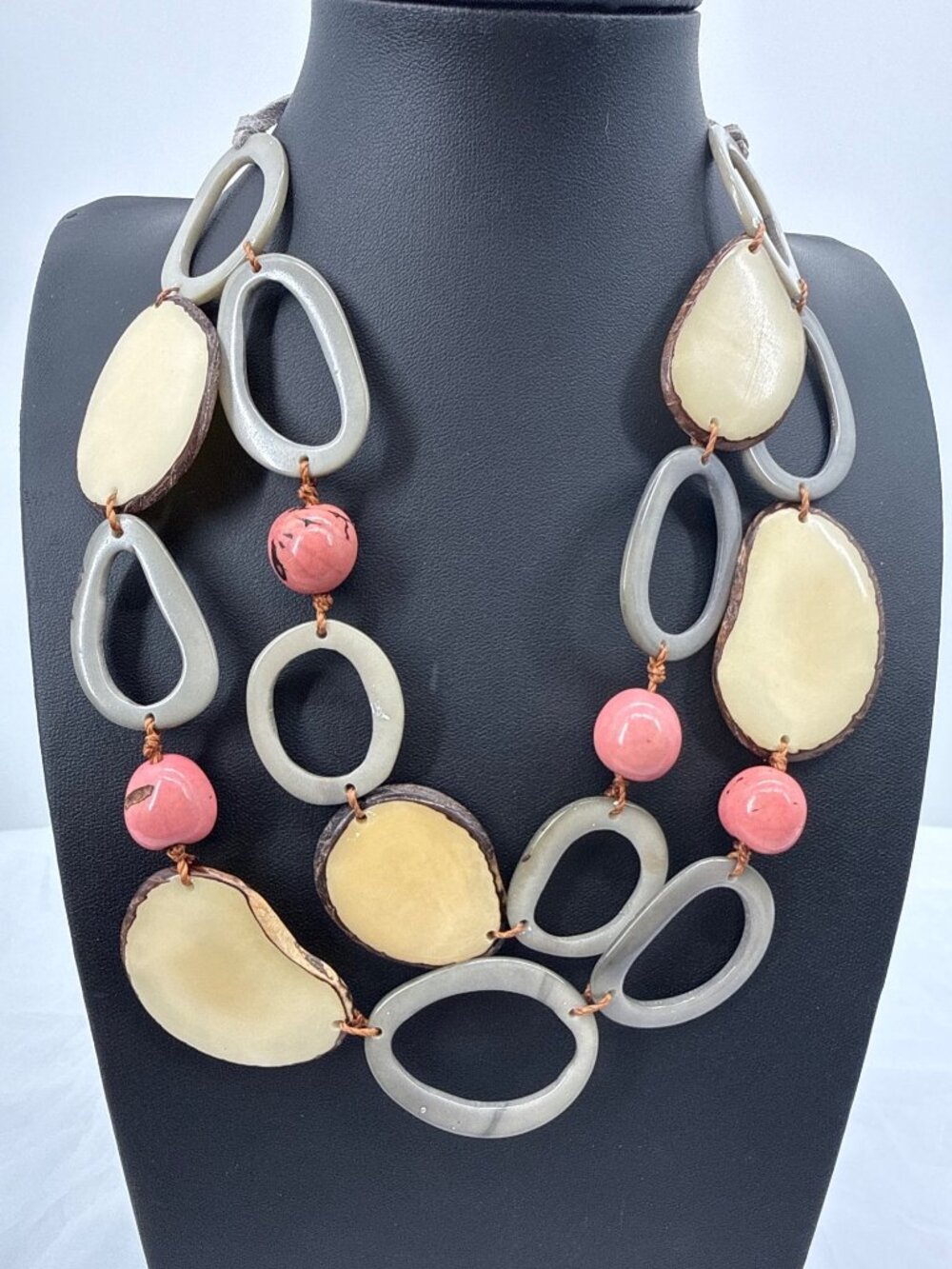 Tagua Nut Eco Statement Necklace Pink Grey Boho Vegetable Ivory Bib